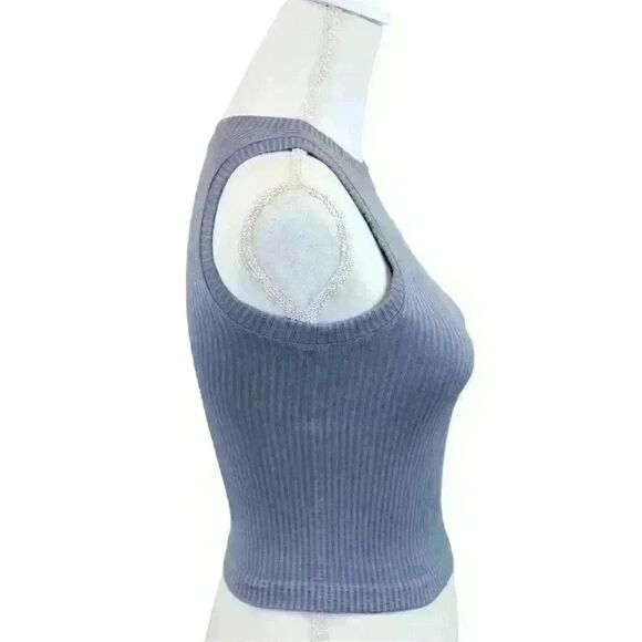 Aura Blue Sleeveless Cropped High Neck Rib Knit Stretch Tank Top Size XS - Picture 6 of 6